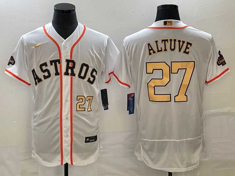 Men%27s Houston Astros #27 Jose Altuve Number 2023 White Gold World Serise Champions Patch Flex Base Stitched Jersey